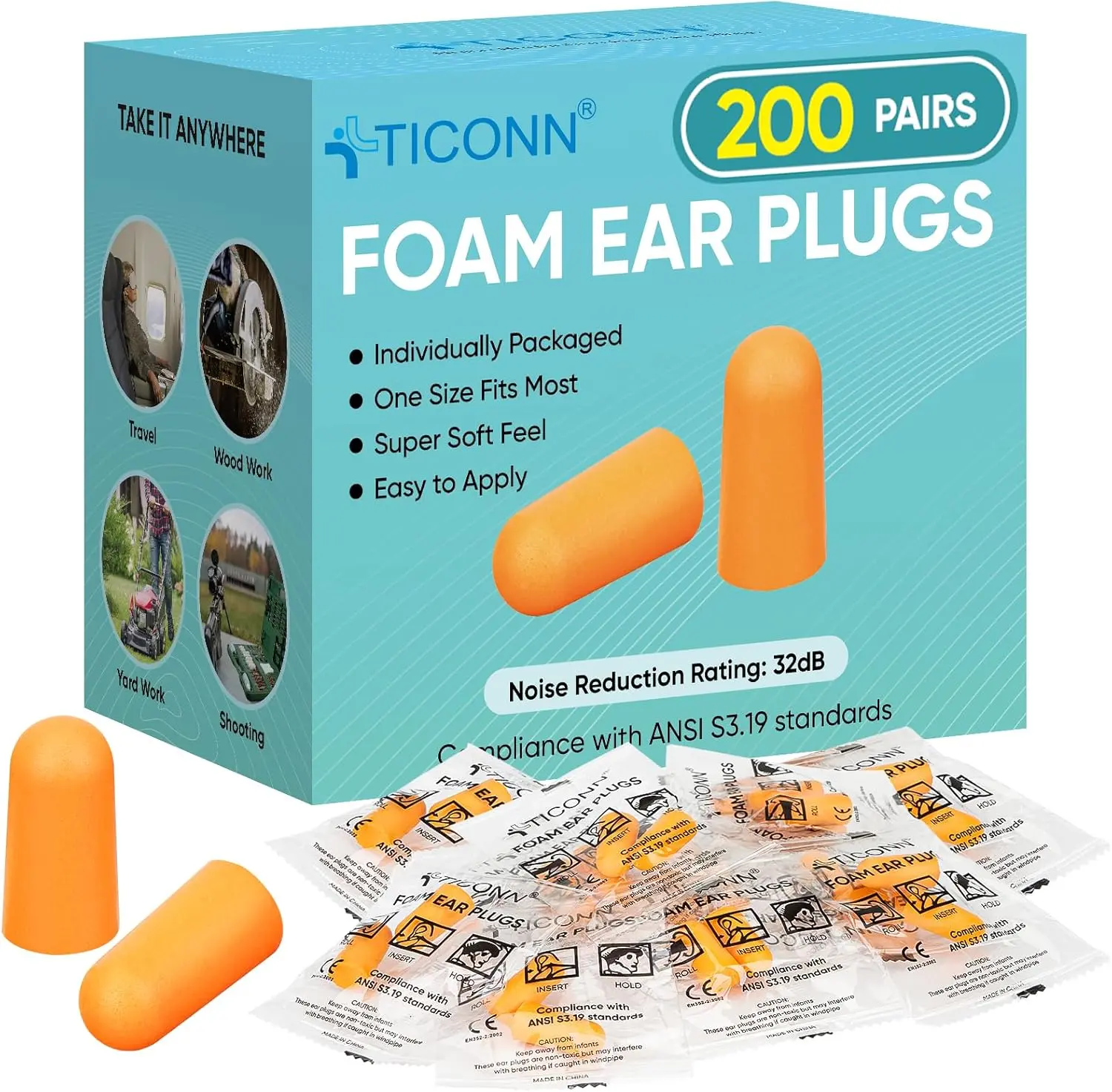 TICONN 200 Pairs Ear Plugs